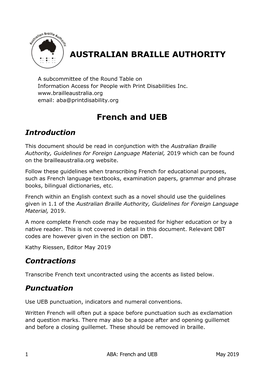 AUSTRALIAN BRAILLE AUTHORITY French And