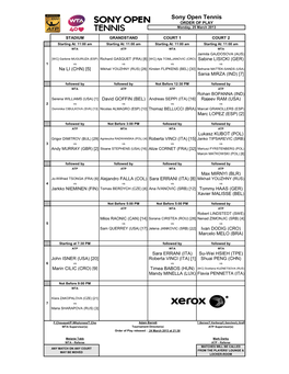 Sony Open Tennis ORDER of PLAY Monday, 25 March 2013