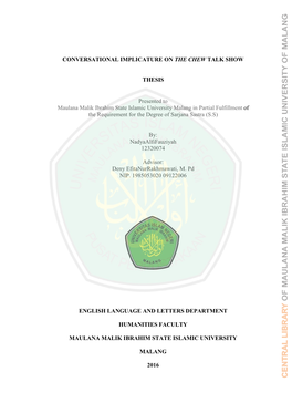 CONVERSATIONAL IMPLICATURE on the CHEW TALK SHOW THESIS Presented to Maulana Malik Ibrahim State Islamic University Malang in Pa