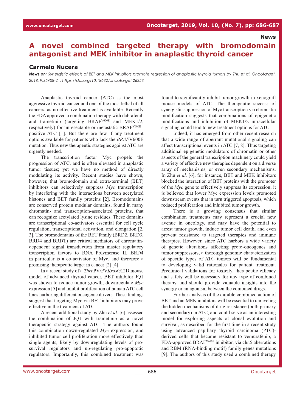 A Novel Combined Targeted Therapy with Bromodomain Antagonist and MEK Inhibitor in Anaplastic Thyroid Cancer