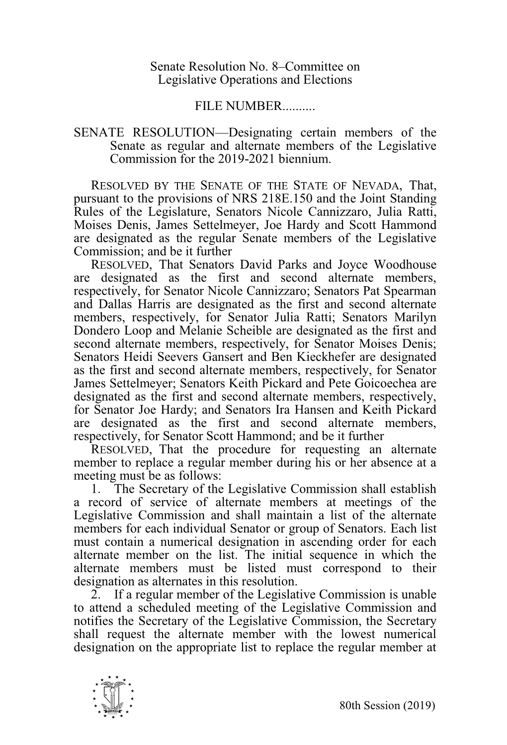 Senate Resolution No. 8–Committee on Legislative Operations and Elections