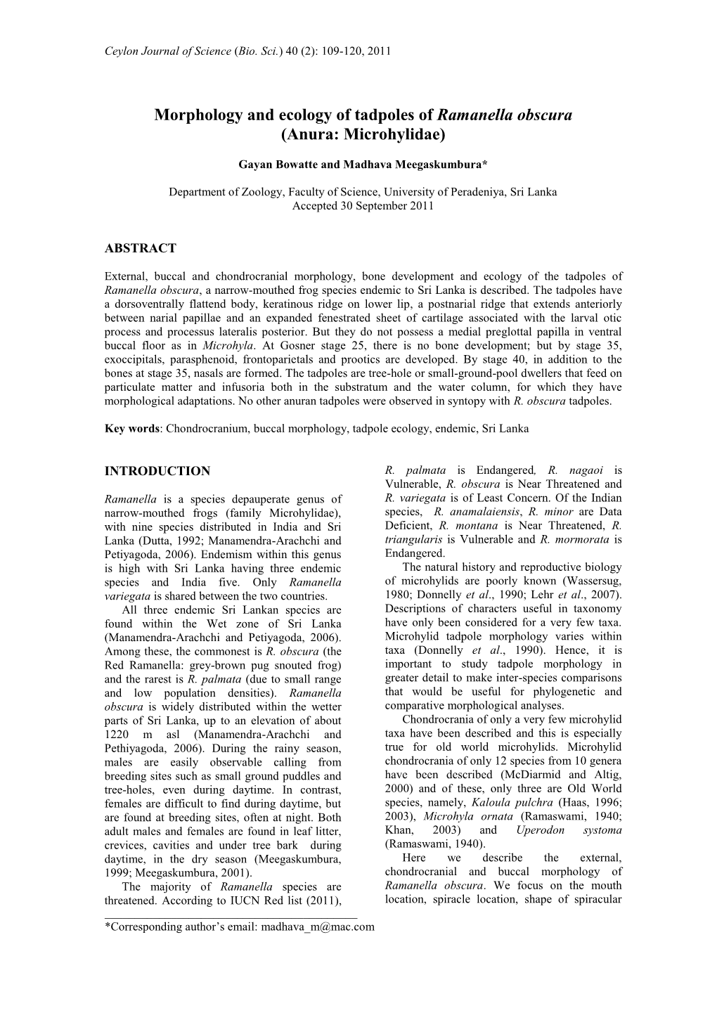 Morphology and Ecology of Tadpoles of Ramanella Obscura (Anura: Microhylidae)