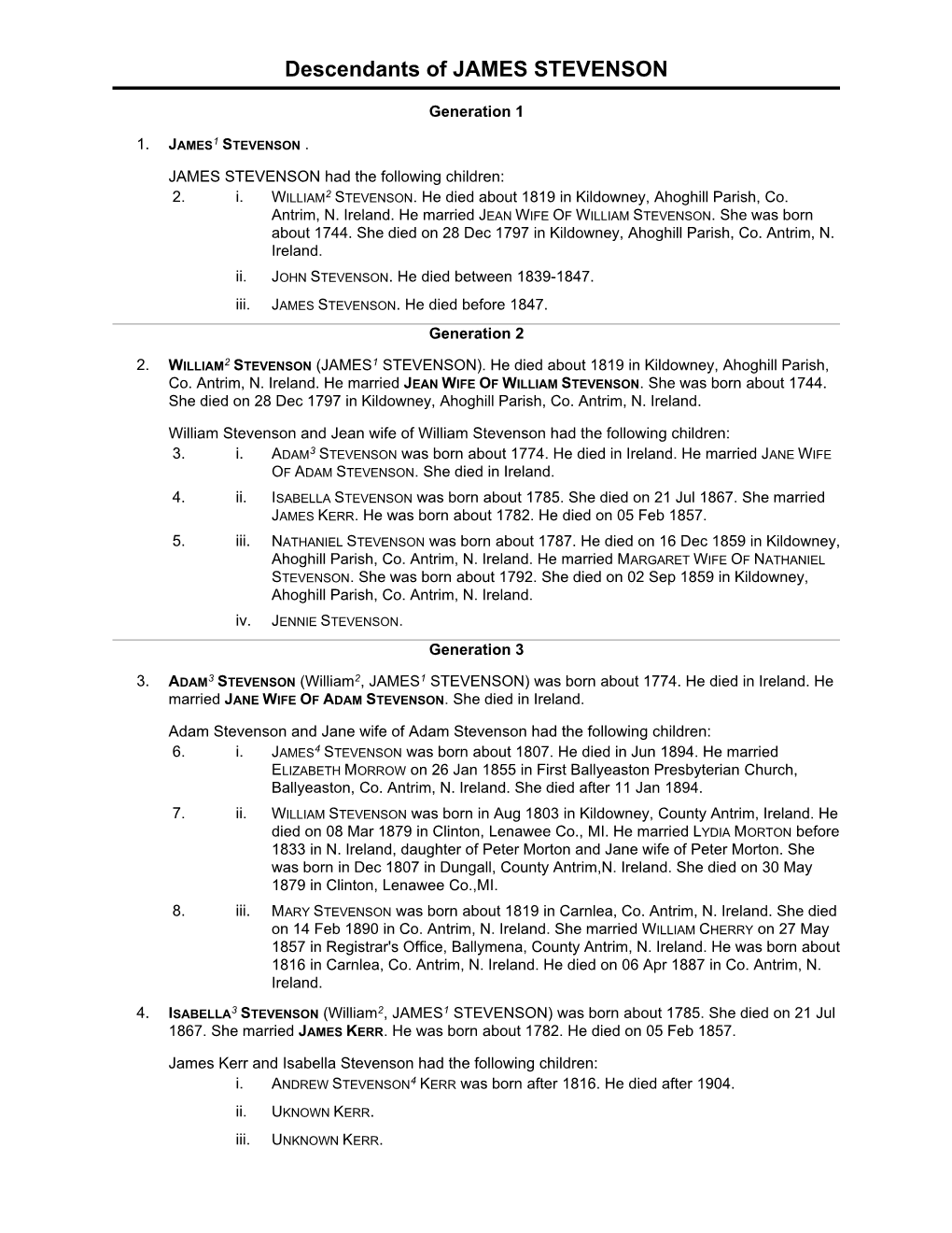 Stevenson Descendant Report April 2015