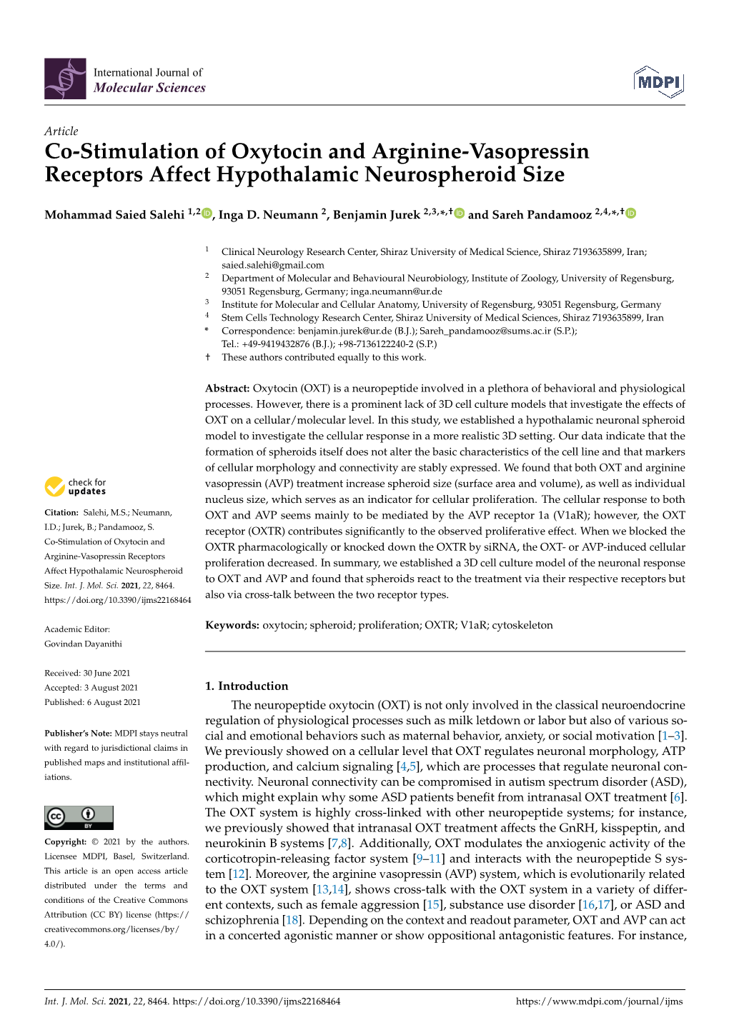 Co-Stimulation of Oxytocin and Arginine-Vasopressin Receptors Affect Hypothalamic Neurospheroid Size