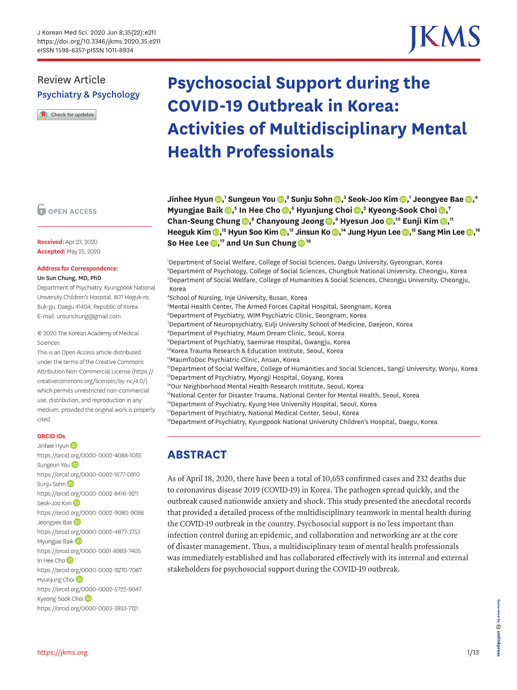 Psychosocial Support During the COVID-19 Outbreak in Korea from January 20 to March 31, 2020