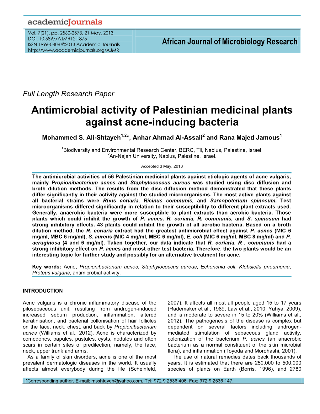 Antimicrobial Activity of Palestinian Medicinal Plants Against Acne-Inducing Bacteria