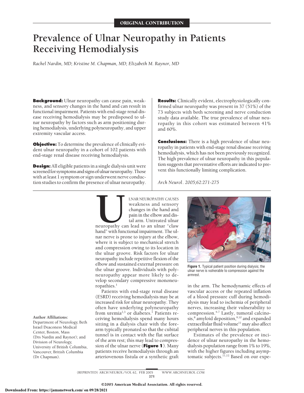 Prevalence of Ulnar Neuropathy in Patients Receiving Hemodialysis