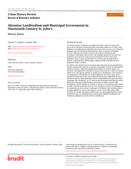 Absentee Landlordism and Municipal Government in Nineteenth Century St. John's Melvin Baker
