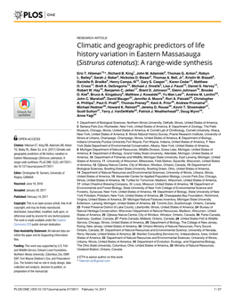 Climatic and Geographic Predictors of Life History Variation in Eastern Massasauga (Sistrurus Catenatus): a Range-Wide Synthesis