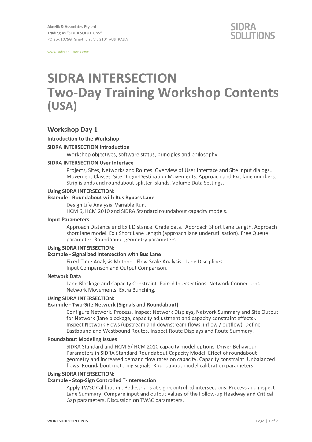 SIDRA INTERSECTION Two-Day Training Workshop Contents (USA)