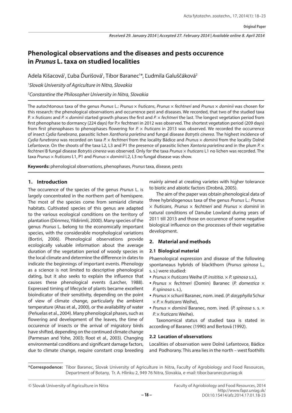 Phenological Observations and the Diseases and Pests Occurence in Prunus L