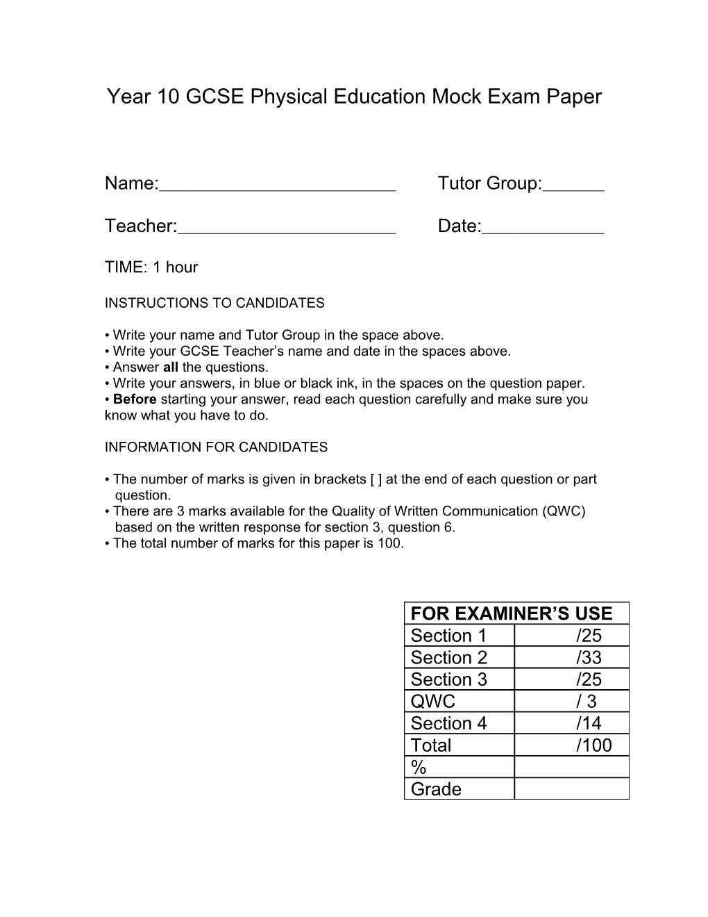 GCSE End Of Unit Test: Cardiovascular System