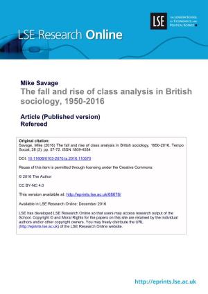 Mike Savage the Fall and Rise of Class Analysis in British Sociology, 1950-2016