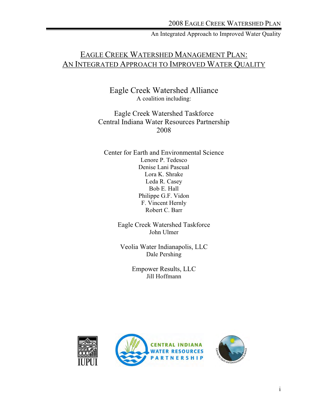 Eagle Creek Watershed Management Plan: an Integrated Approach to Improved Water Quality