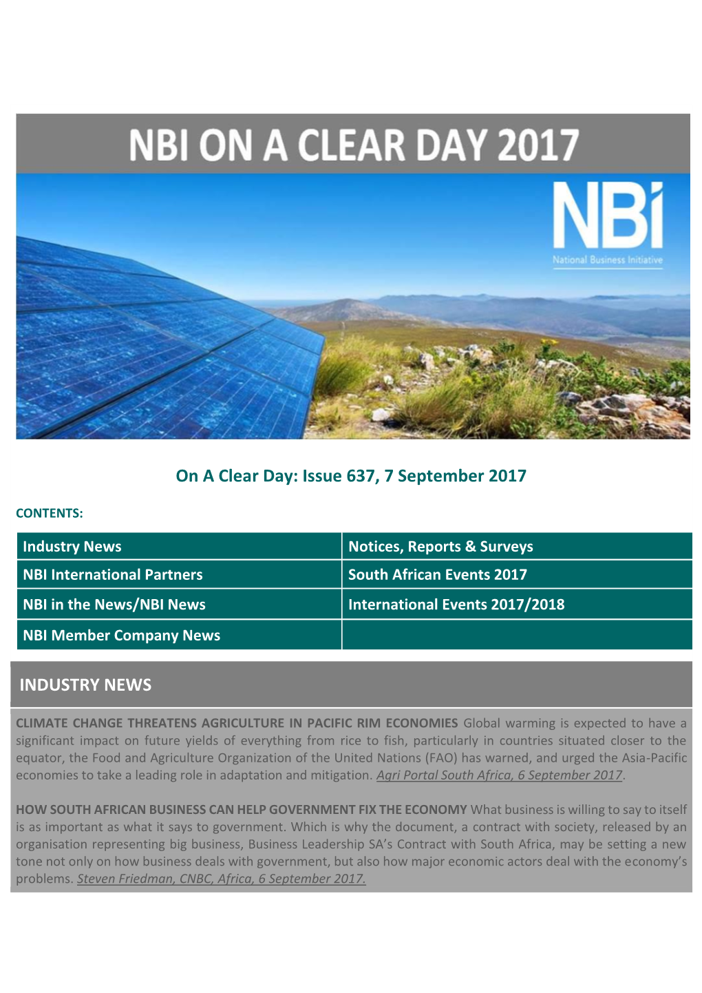 On a Clear Day: Issue 637, 7 September 2017 INDUSTRY NEWS