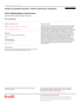 Lyric Scholarship in Controversy: Jan Zwicky and Anne Carson Tina Northrup