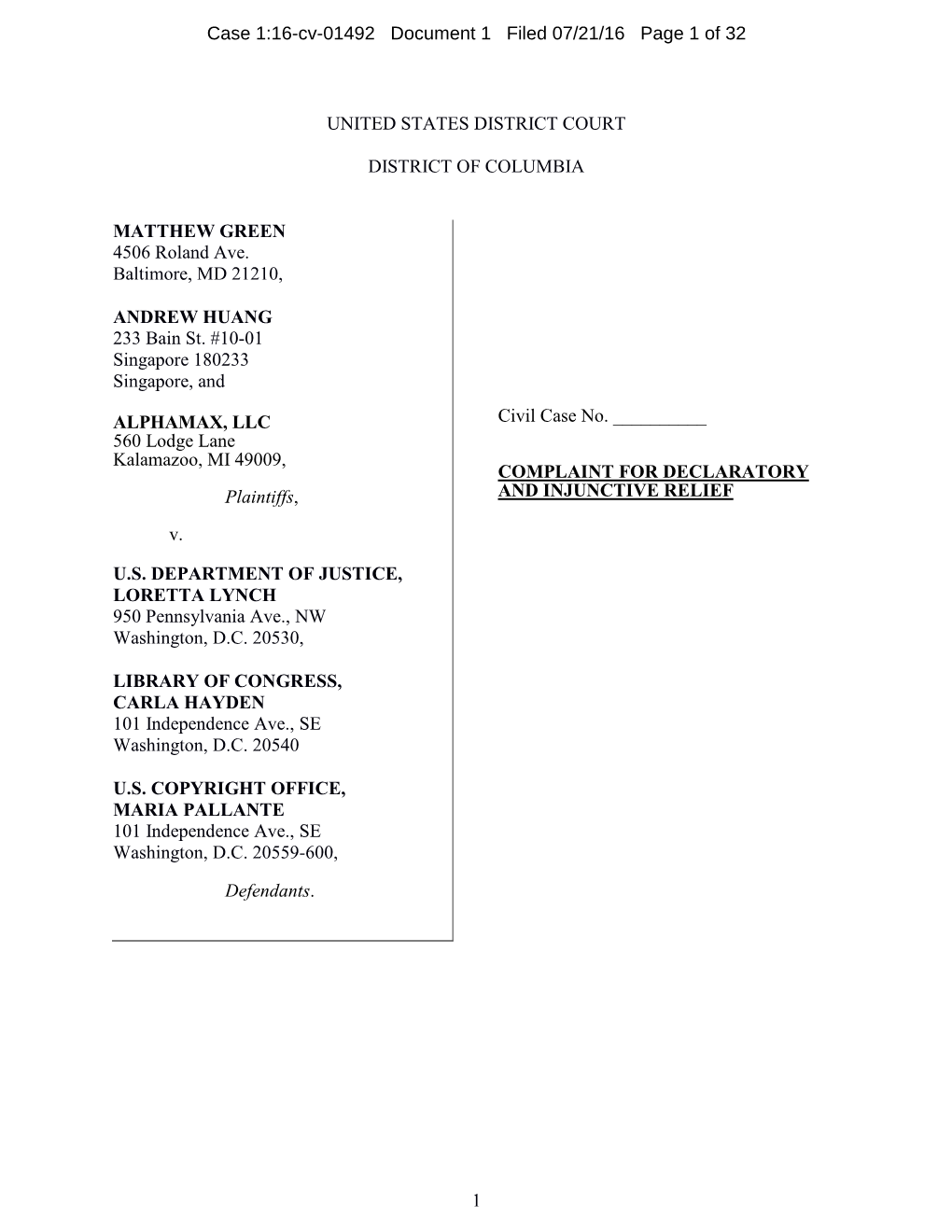 1 United States District Court District of Columbia Matthew Green 4506