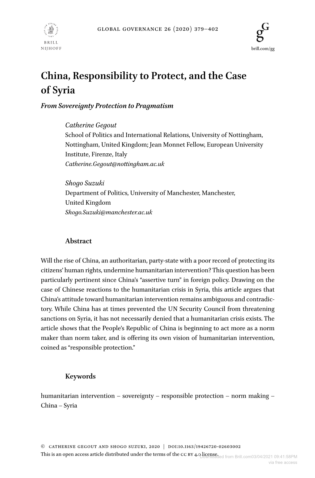 China, Responsibility to Protect, and the Case of Syria from Sovereignty Protection to Pragmatism