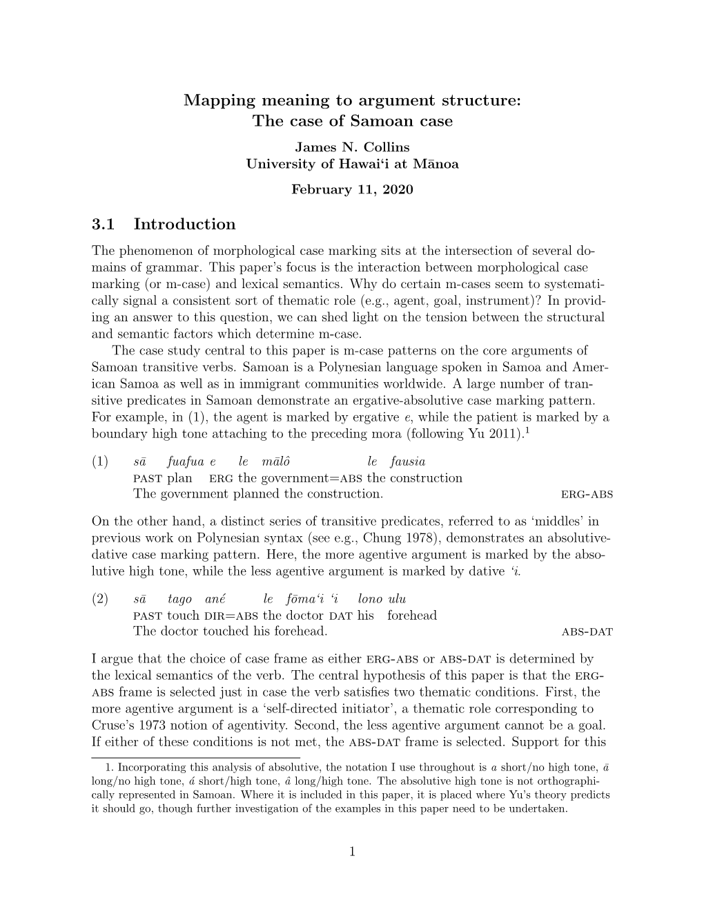 Mapping Meaning to Argument Structure: the Case of Samoan Case James N