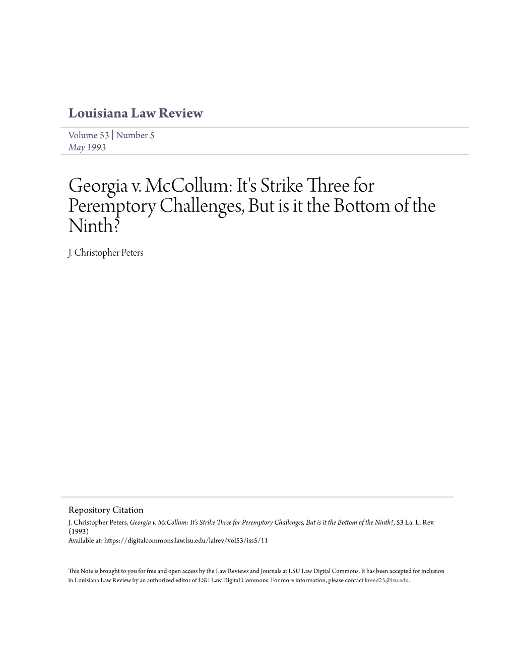 Georgia V. Mccollum: It's Strike Three for Peremptory Challenges, but Is It the Bottom of the Ninth? J