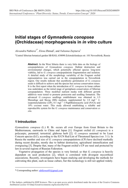 Initial Stages of Gymnadenia Conopsea (Orchidaceae) Morphogenesis in in Vitro Culture
