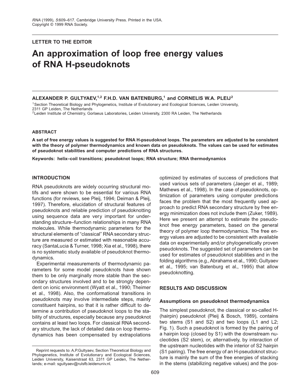 An Approximation of Loop Free Energy Values of RNA H-Pseudoknots