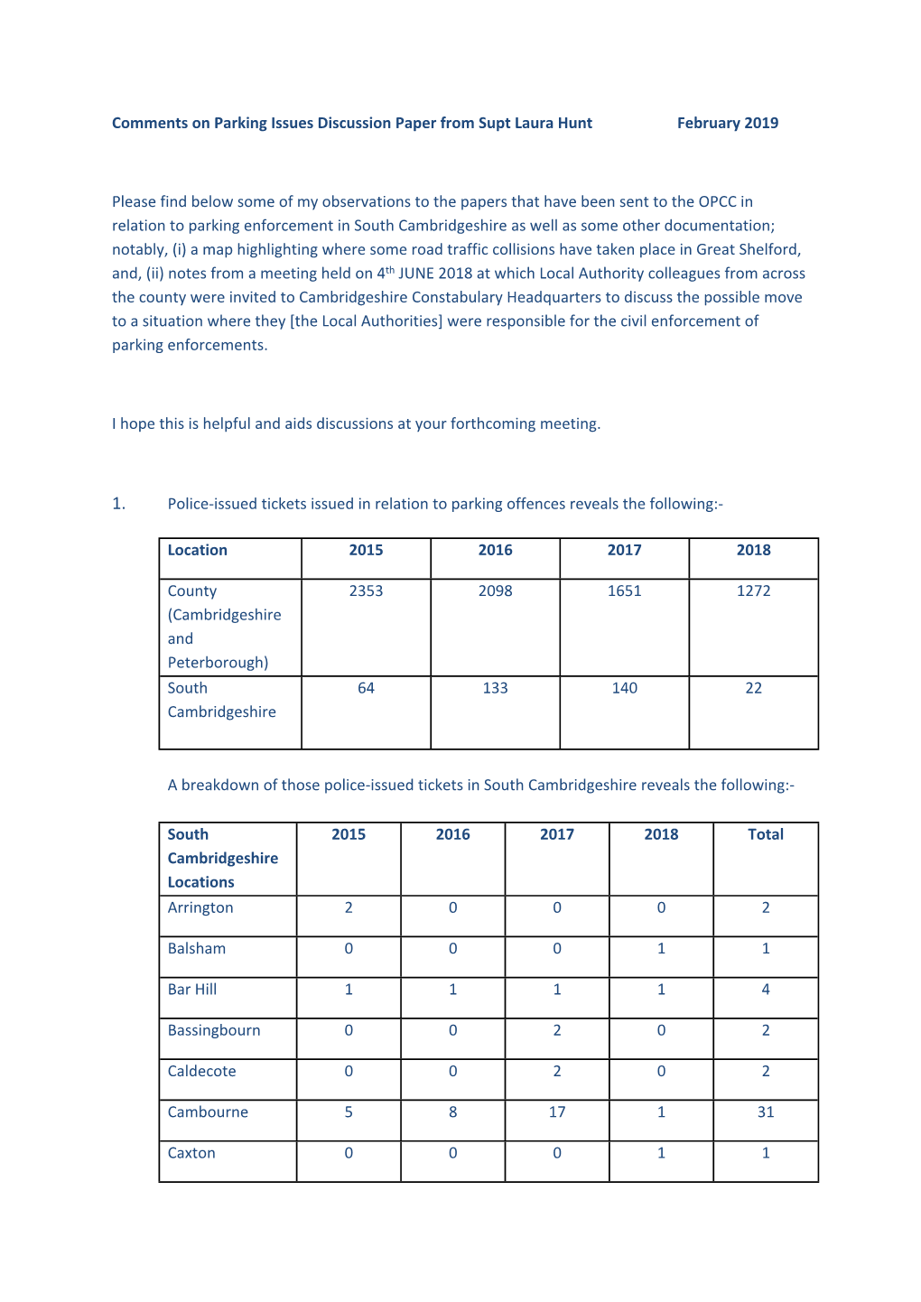 Comments on Parking Issues Discussion Paper from Supt Laura Hunt February 2019