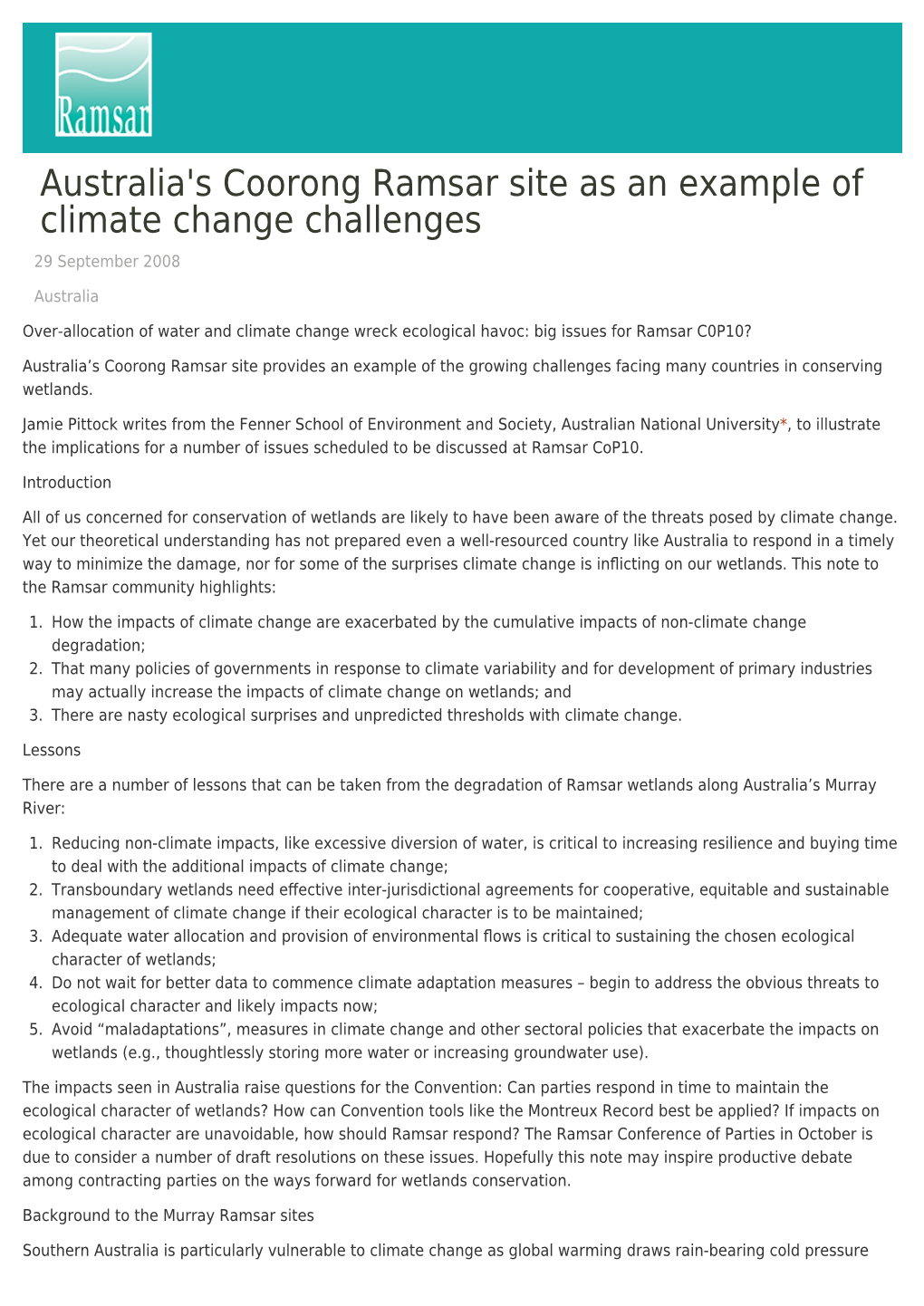 S Coorong Ramsar Site As an Example of Climate Change Challenges 29 September 2008