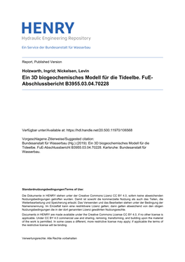 Ein 3D Biogeochemisches Modell Für Die Tideelbe. Fue- Abschlussbericht B3955.03.04.70228