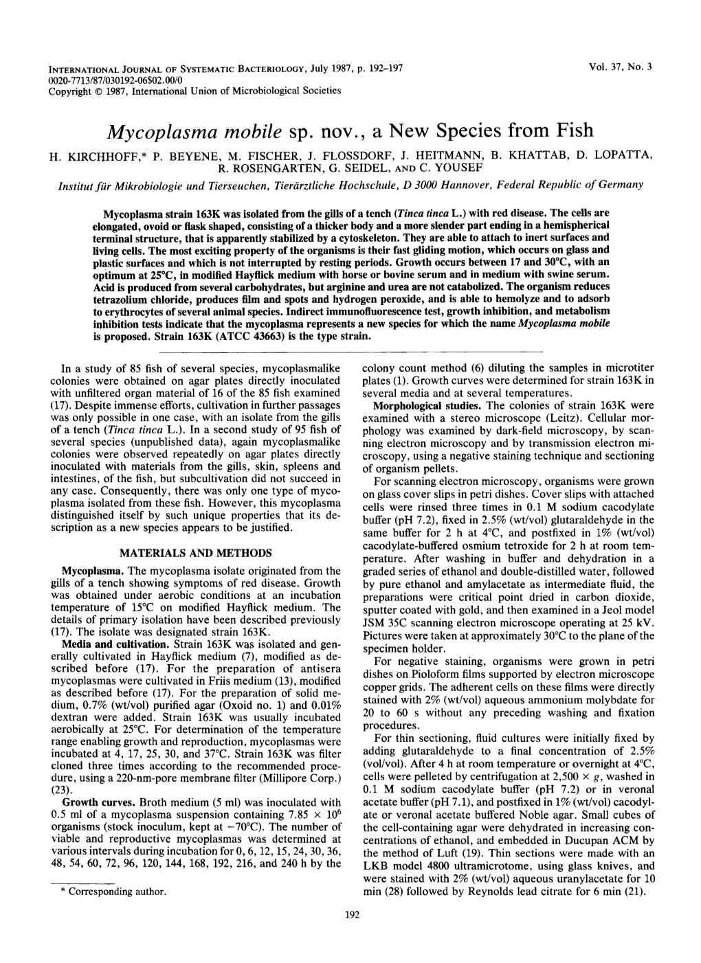 Mycoplasma Mobile Sp. Nov., a New Species from Fish H