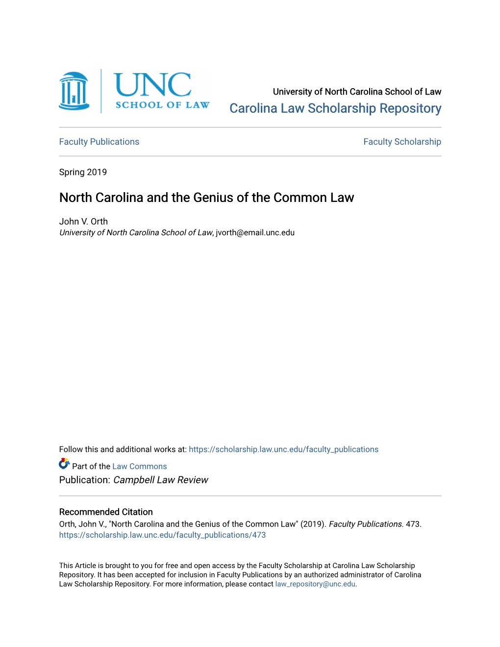 North Carolina and the Genius of the Common Law