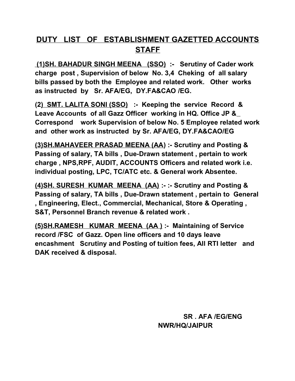 Duty List of Establishment Gazetted Accounts Staff