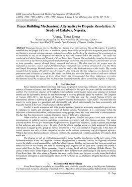 Peace Building Mechanism: Alternative to Dispute Resolution. a Study of Calabar, Nigeria
