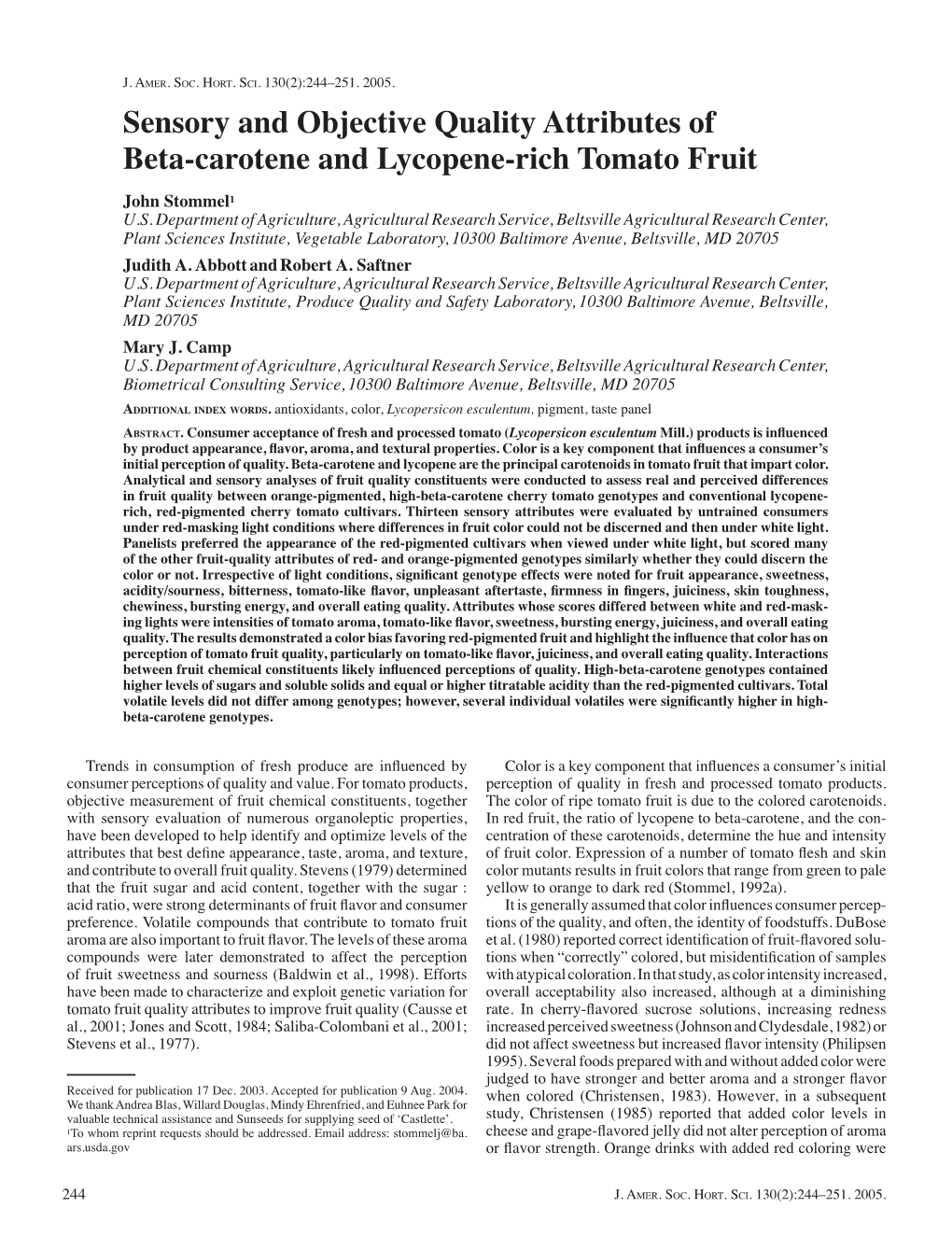 Sensory and Objective Quality Attributes of Beta-Carotene and Lycopene-Rich Tomato Fruit