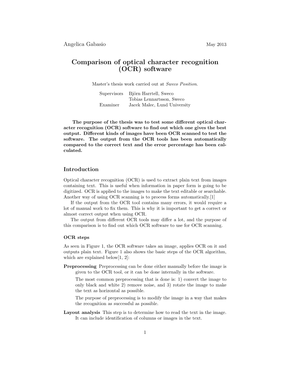 Comparison of Optical Character Recognition (OCR) Software