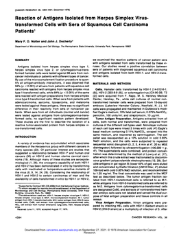 Reaction of Antigens Isolated from Herpes Simplex Virus Transformed Cells with Sera of Squamous Cell Carcinoma Patients1