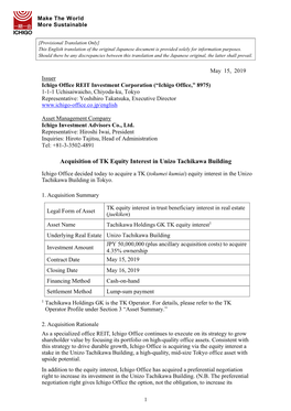 Acquisition of TK Equity Interest in Unizo Tachikawa Building