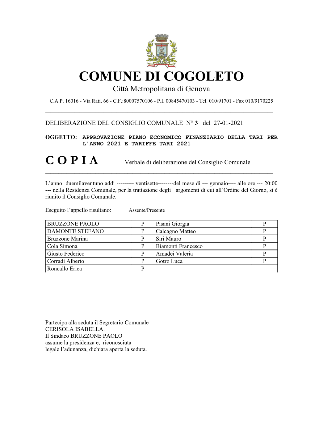 COMUNE DI COGOLETO Città Metropolitana Di Genova