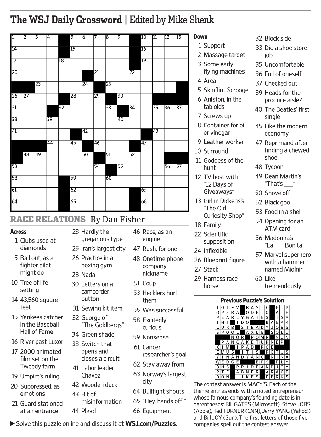 The WSJ Daily Crossword |Edited by Mike Shenk