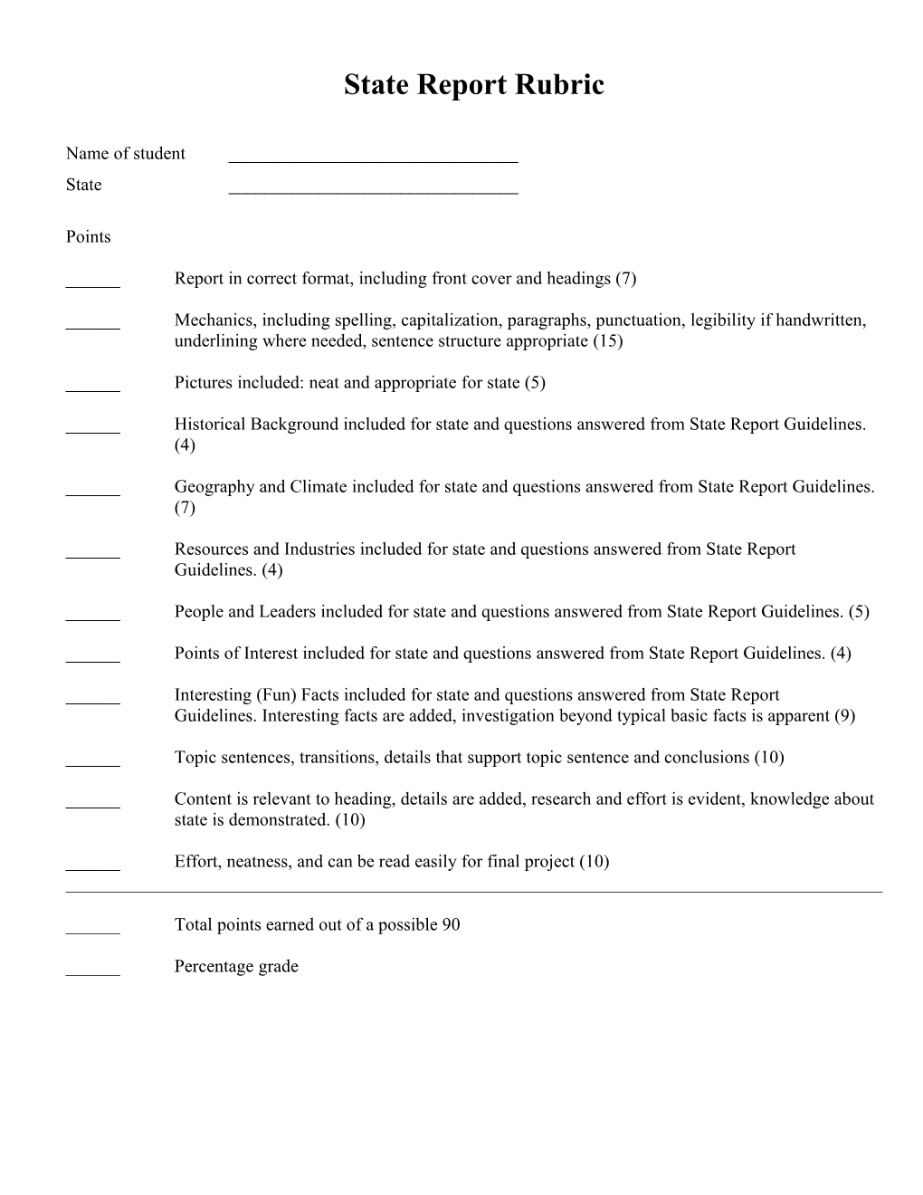 State Report Rubric