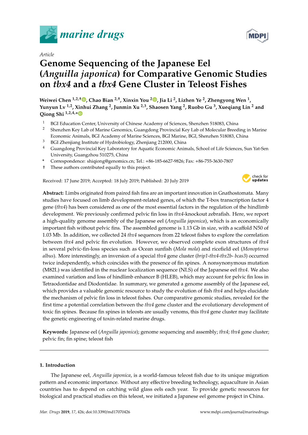 Genome Sequencing of the Japanese Eel (Anguilla Japonica) for Comparative Genomic Studies on Tbx4 and a Tbx4 Gene Cluster in Teleost Fishes