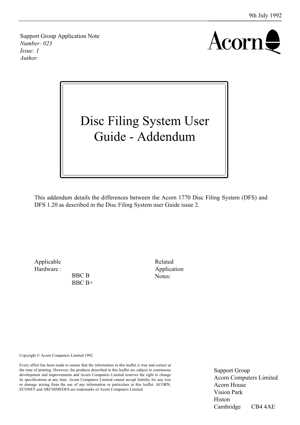 Disc Filing System User Guide - Addendum