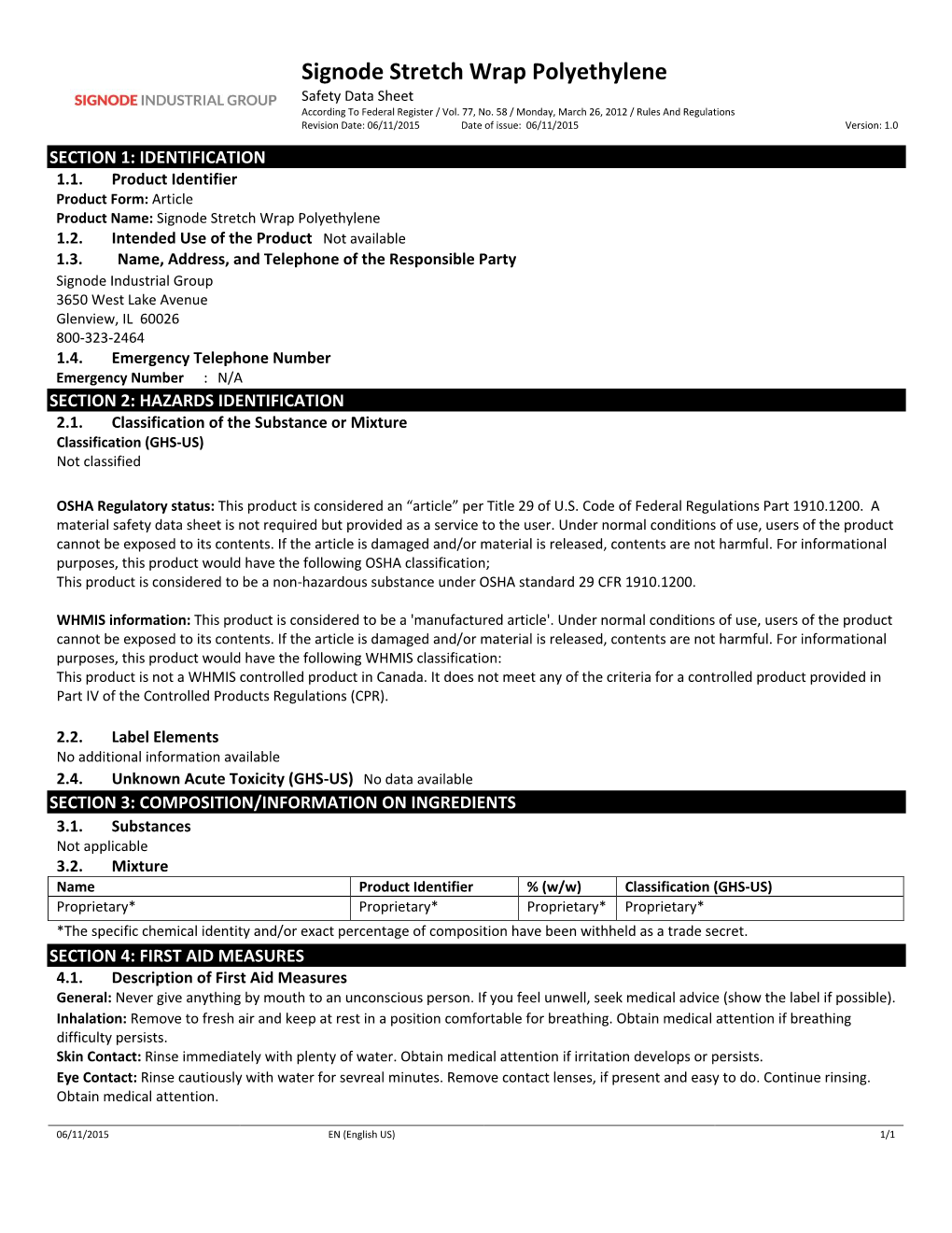 Signode Stretch Wrap Polyethylene Safety Data Sheet According to ...