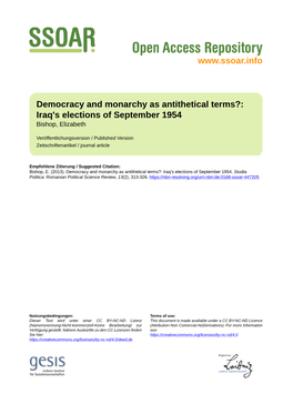 Democracy and Monarchy As Antithetical Terms?: Iraq's Elections of September 1954 Bishop, Elizabeth