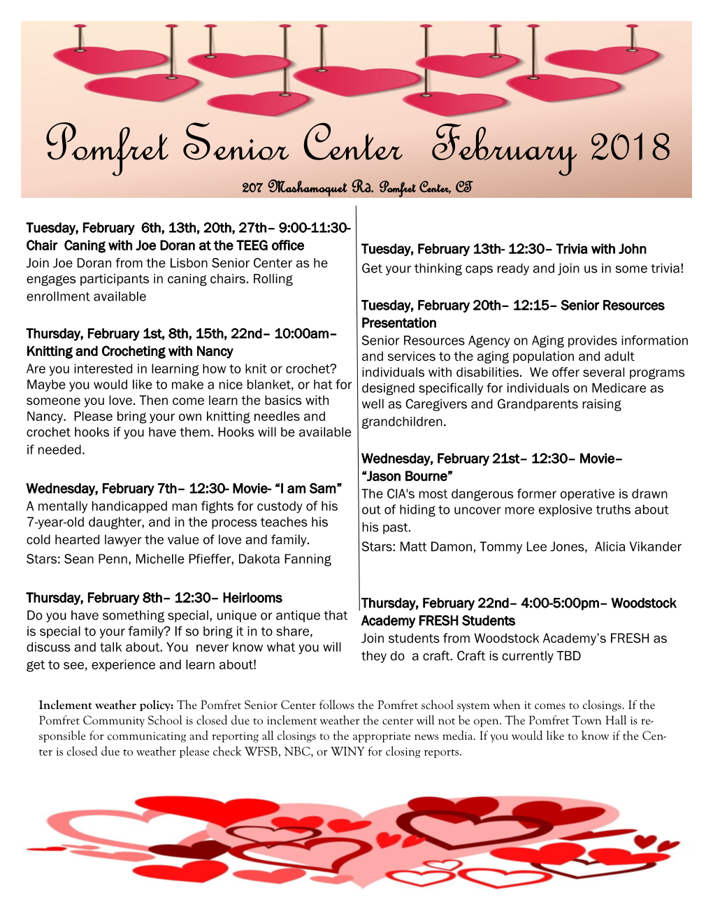 Pomfret Senior Center February 2018 207 Mashamoquet Rd