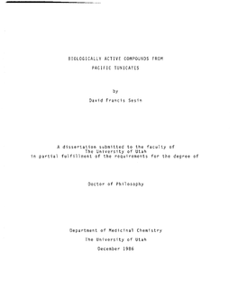 Biologically Active Compounds from Pacific Tunicates;