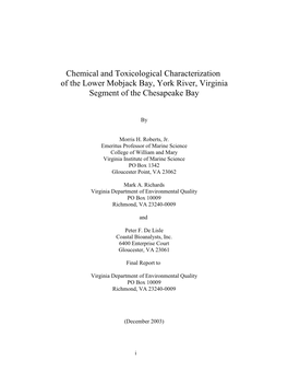 Chemical and Toxicological Characterization of the Lower Mobjack Bay, York River, Virginia Segment of the Chesapeake Bay