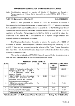 Administrative Approval for Erection of 132/33 Kv Substation at Remalle / Rangannagudem in Krishna District Along with Connected 132 Kv & 33 Kv Lines – Accorded
