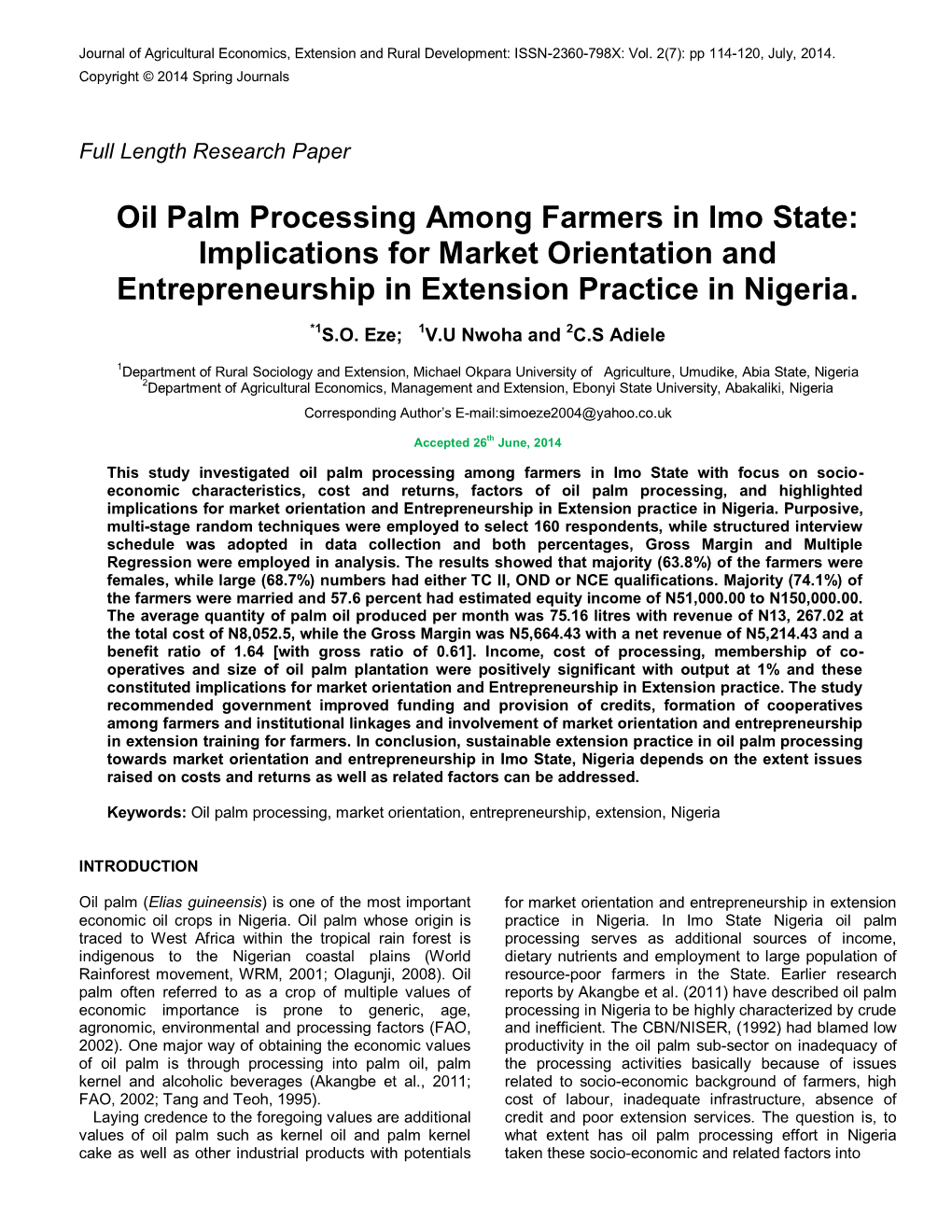 Oil Palm Processing Among Farmers in Imo State: Implications for Market Orientation and Entrepreneurship in Extension Practice in Nigeria