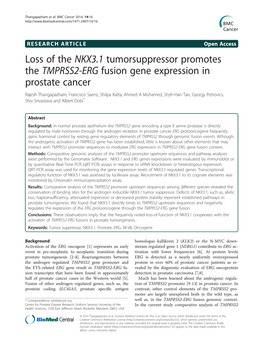 Loss of the NKX3.1 Tumorsuppressor Promotes the TMPRSS2-ERG